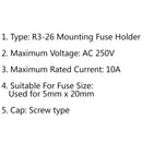 SCI R3-26 Panel Mount Chassis Fuse Holder For 5x20mm Glass Fuses 10A 250V