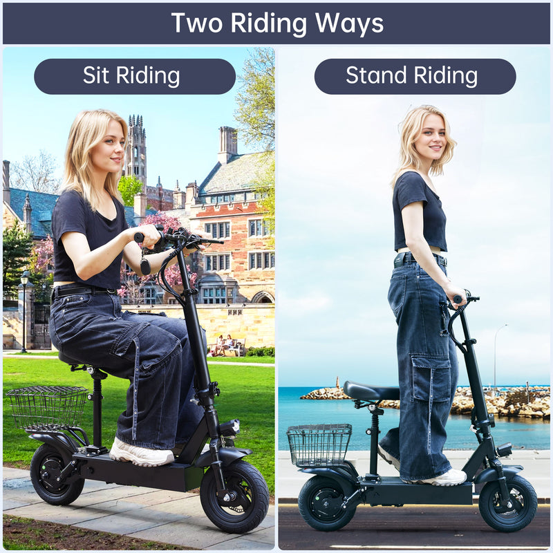 400W Adult Shock Absorption Electric Scooter with Seat 10" Commuter Electric Scooter With Carry Basket - Up to 25 Miles 20MPH For Lady