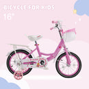16" Kids Bicycle Girls Bike with Training Wheels Basket Kickstand Pink