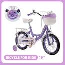 16" Kids Bicycle Girls Bike with Training Wheels Basket Kickstand Purple