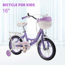 16" Kids Bicycle Girls Bike with Training Wheels Basket Kickstand Purple