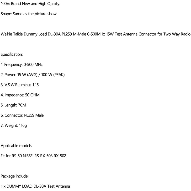 Dummy Load DL-30A M-Male 0-500MHz 15W Test Antenna Connector for Two Way Radio